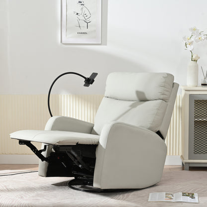 Fauteuil inclinable pivotant à 360° gris avec repose-pieds réglable, confort rembourré et support pour téléphone