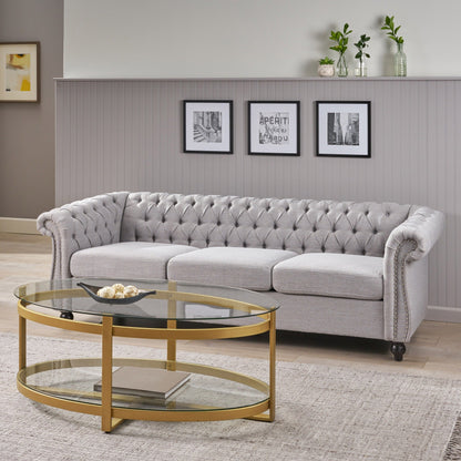 Canapé Chesterfield 3 places gris 84,75 po capitonné avec têtes de clous et pieds