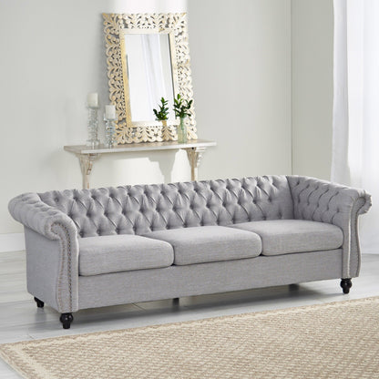 Canapé Chesterfield 3 places gris 84,75 po capitonné avec têtes de clous et pieds