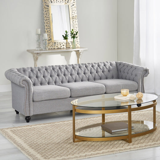 Canapé Chesterfield 3 places gris 84,75 po capitonné avec têtes de clous et pieds