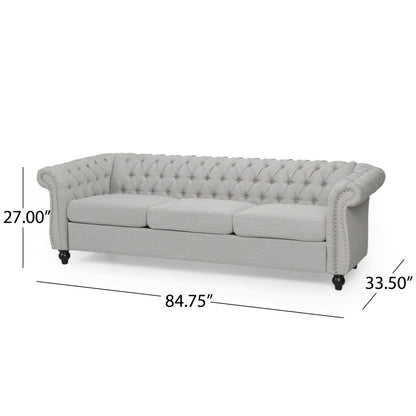Canapé Chesterfield 3 places gris 84,75 po capitonné avec têtes de clous et pieds
