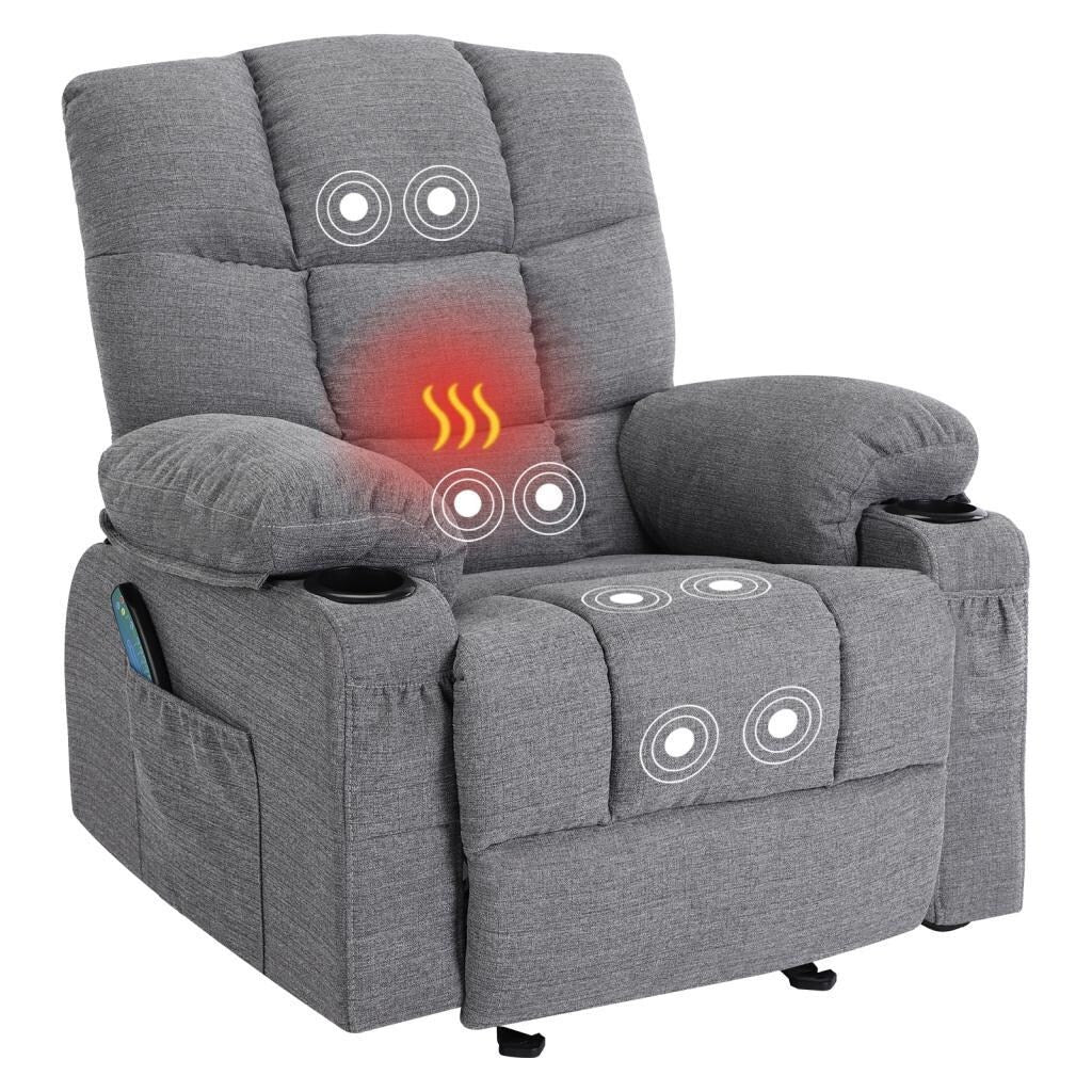 Fauteuil inclinable réglable gris avec fonctions de massage et de chauffage, port USB, poches latérales et deux porte-gobelets