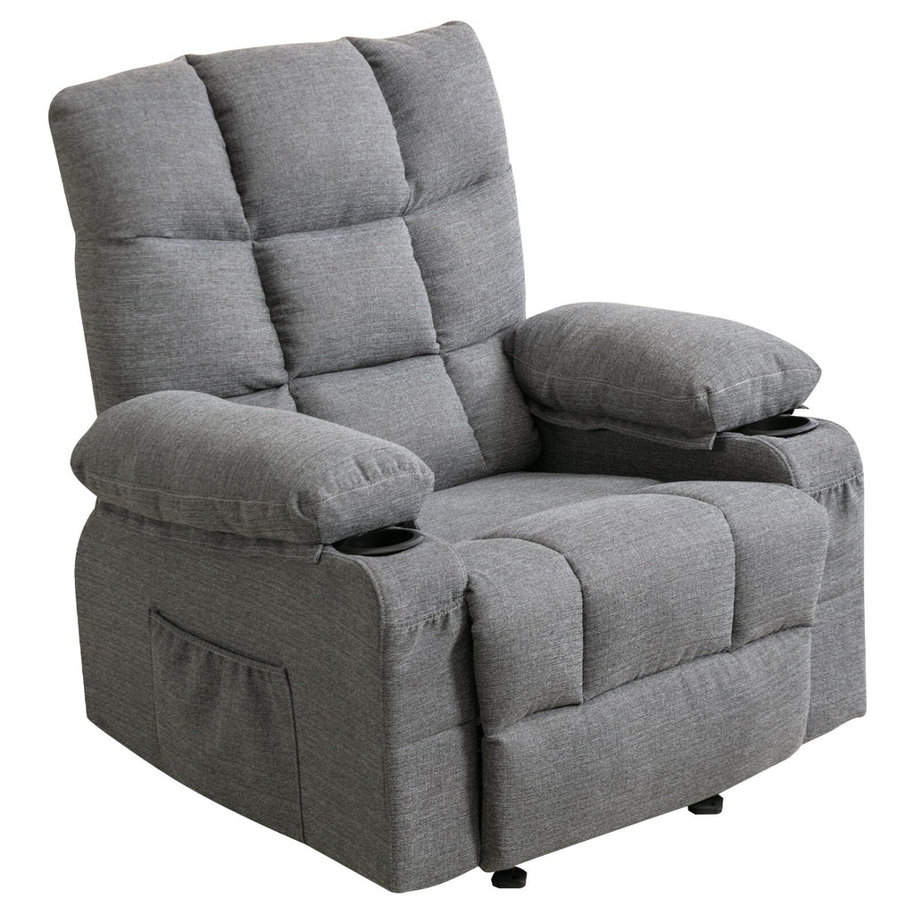 Fauteuil inclinable réglable gris avec fonctions de massage et de chauffage, port USB, poches latérales et deux porte-gobelets