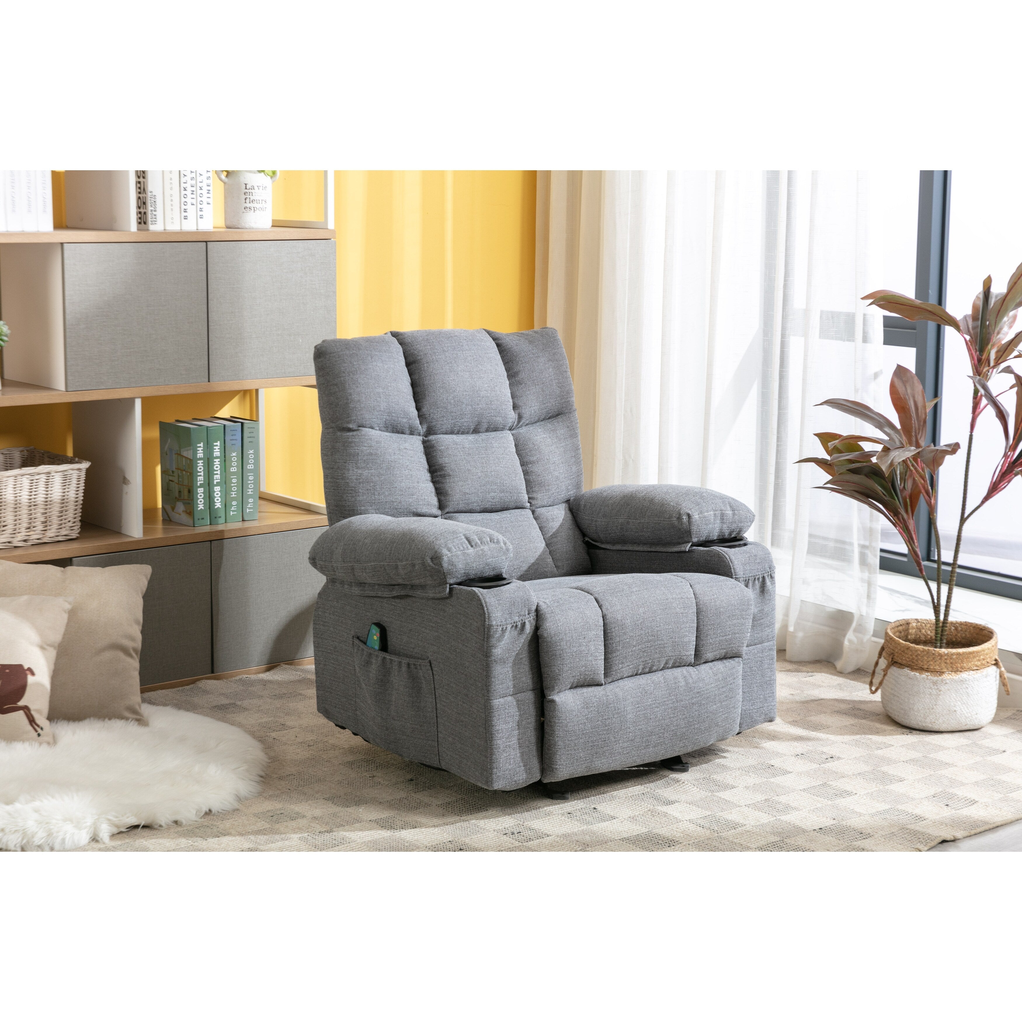 Fauteuil inclinable réglable gris avec fonctions de massage et de chauffage, port USB, poches latérales et deux porte-gobelets