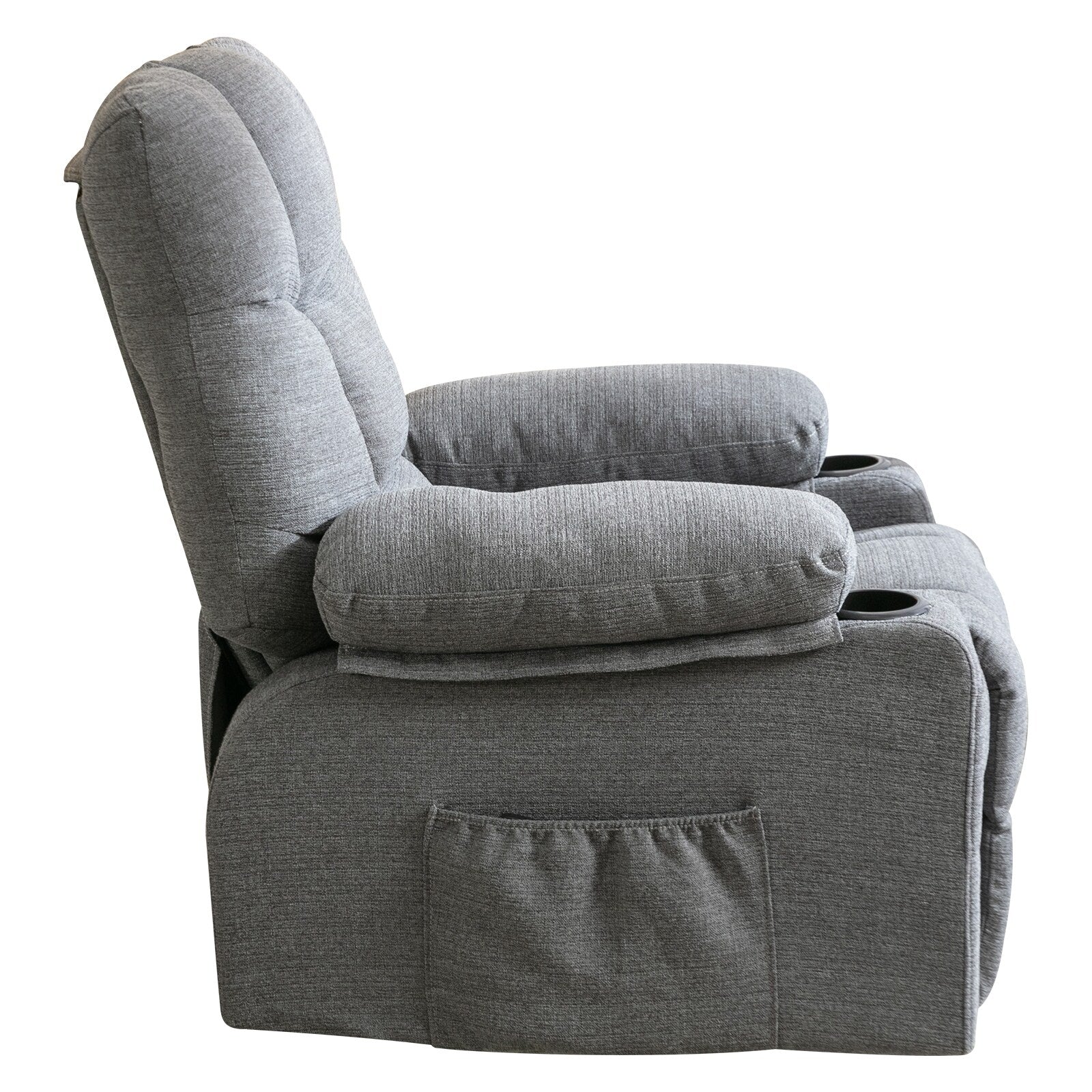 Fauteuil inclinable réglable gris avec massage, chauffage, port USB, poches latérales et deux porte-gobelets pour plus de commodité