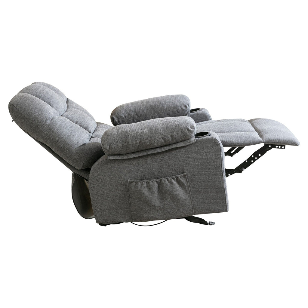 Fauteuil inclinable réglable gris avec massage, chauffage, port USB, poches latérales et deux porte-gobelets pour plus de commodité
