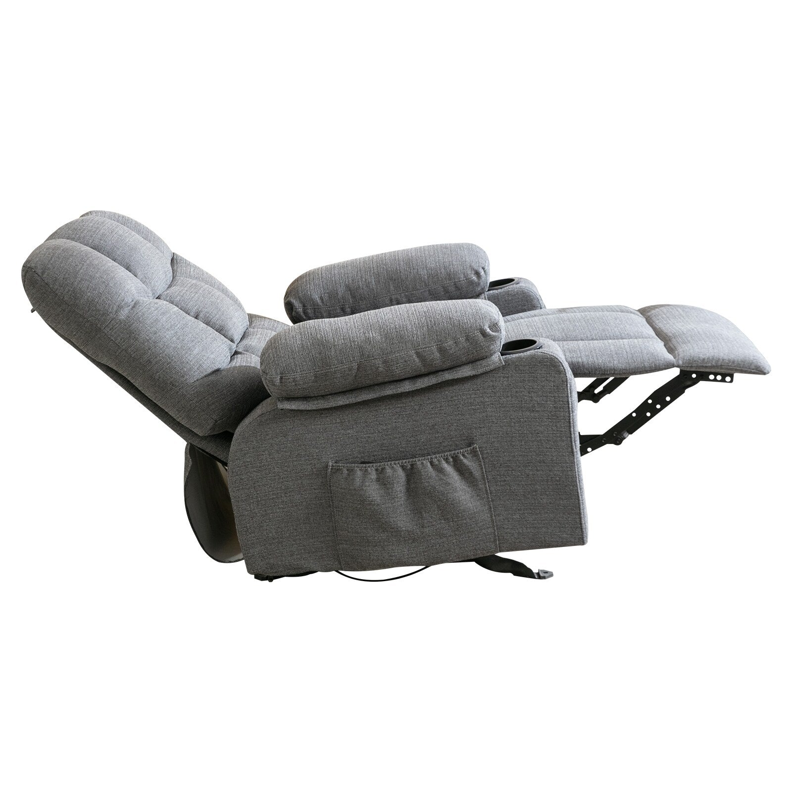 Fauteuil inclinable réglable gris avec massage, chauffage, port USB, poches latérales et deux porte-gobelets pour plus de commodité