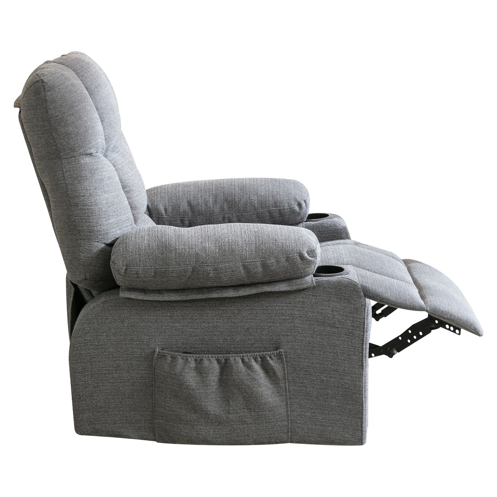 Fauteuil inclinable réglable gris avec massage, chauffage, port USB, poches latérales et deux porte-gobelets pour plus de commodité
