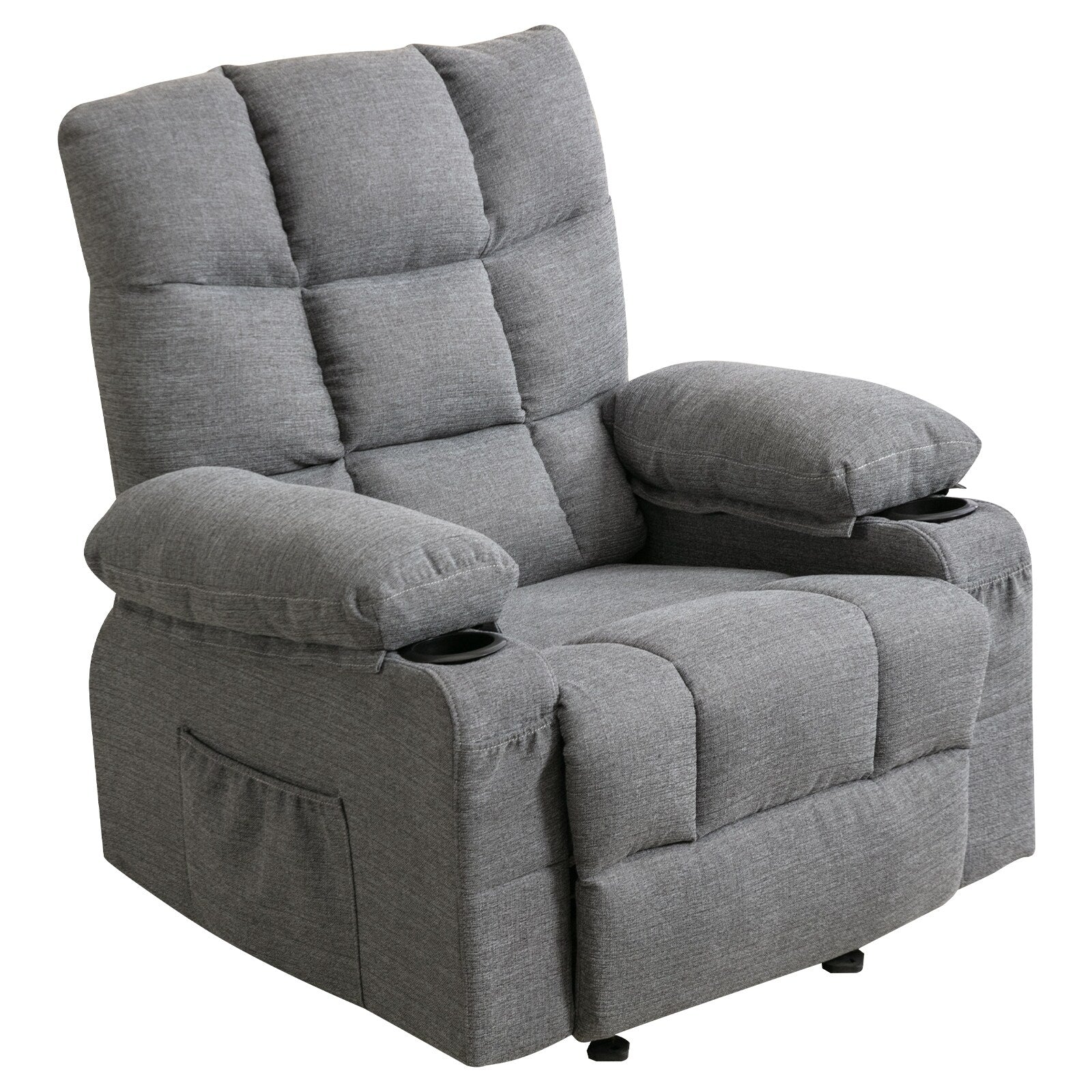 Fauteuil inclinable réglable gris avec massage, chauffage, port USB, poches latérales et deux porte-gobelets pour plus de commodité