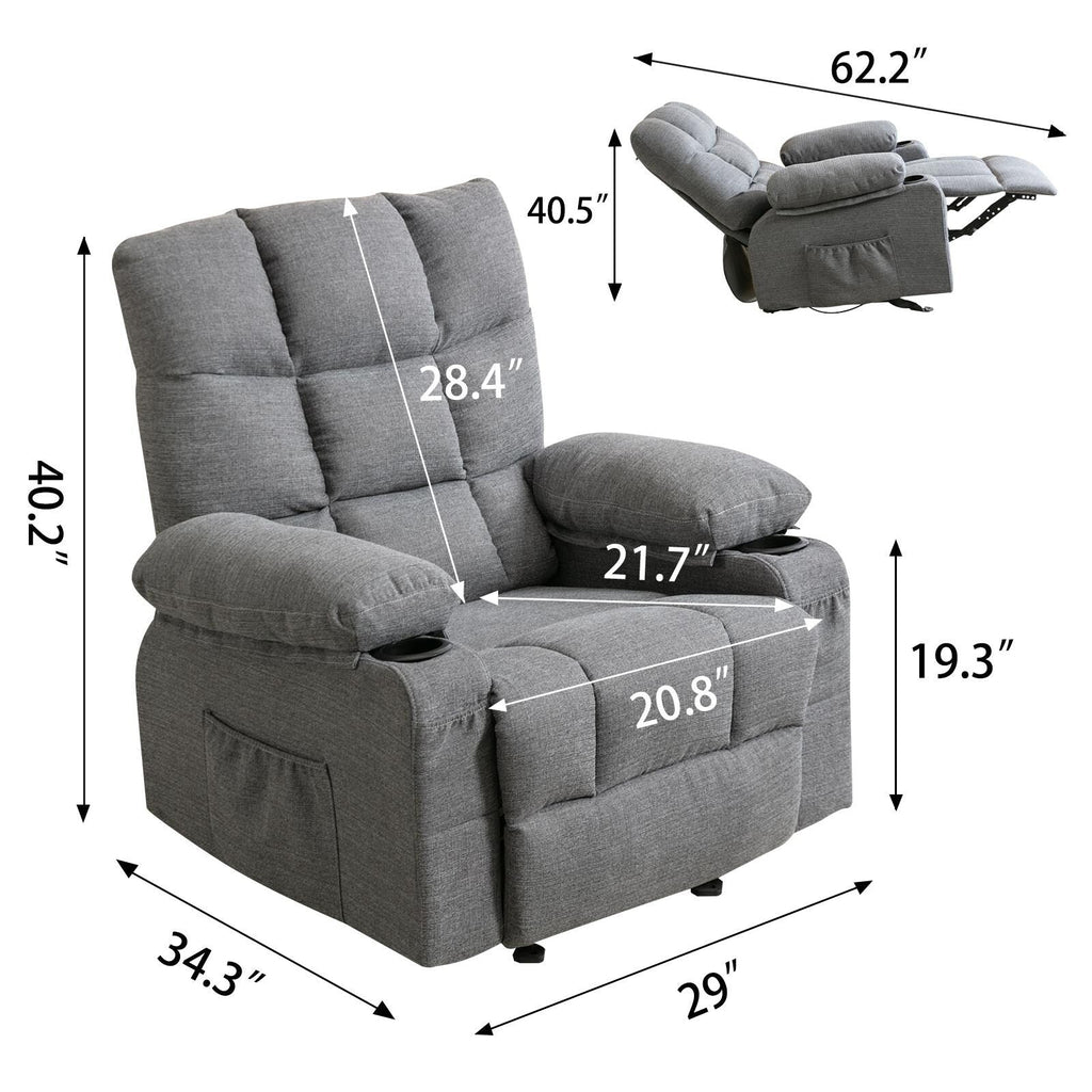 Fauteuil inclinable réglable gris avec massage, chauffage, port USB, poches latérales et deux porte-gobelets pour plus de commodité