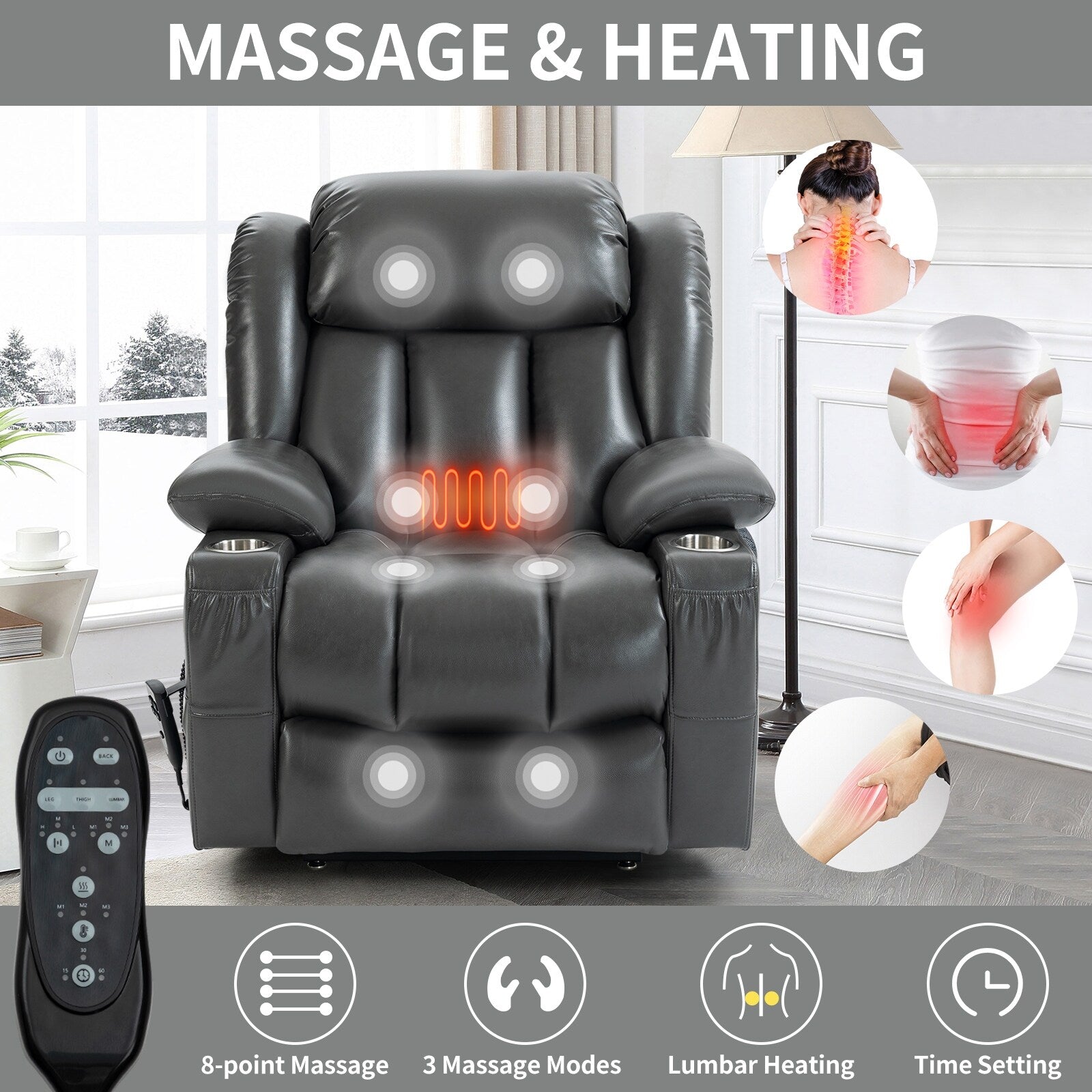 Fauteuil inclinable électrique gris à double moteur avec inclinaison à 180° et massage