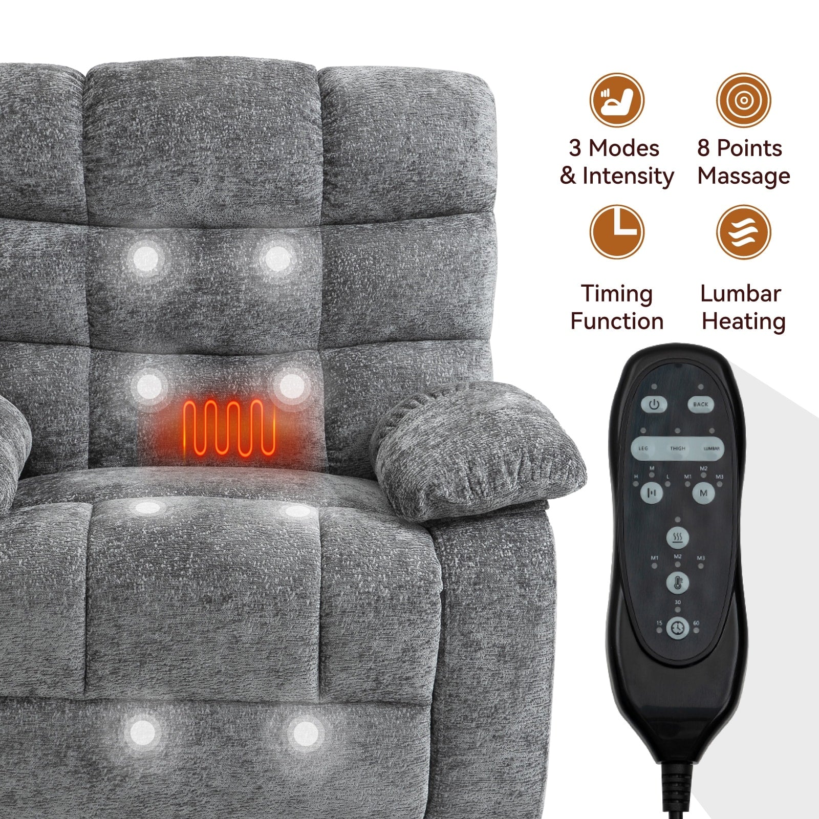Fauteuil inclinable électrique gris à double moteur avec chauffage et massage