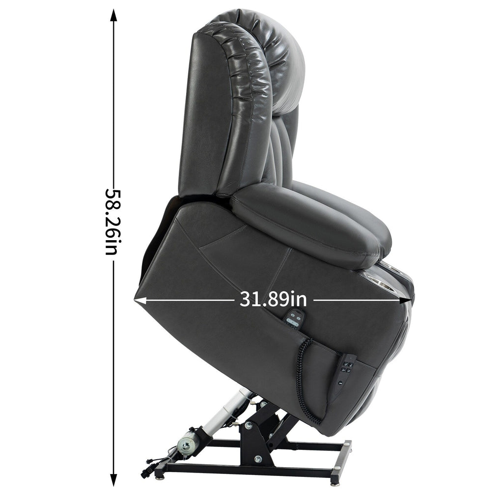 Fauteuil inclinable gris à double moteur avec inclinaison à 180°, massage, chauffage lombaire, porte-gobelets en acier inoxydable et poches latérales