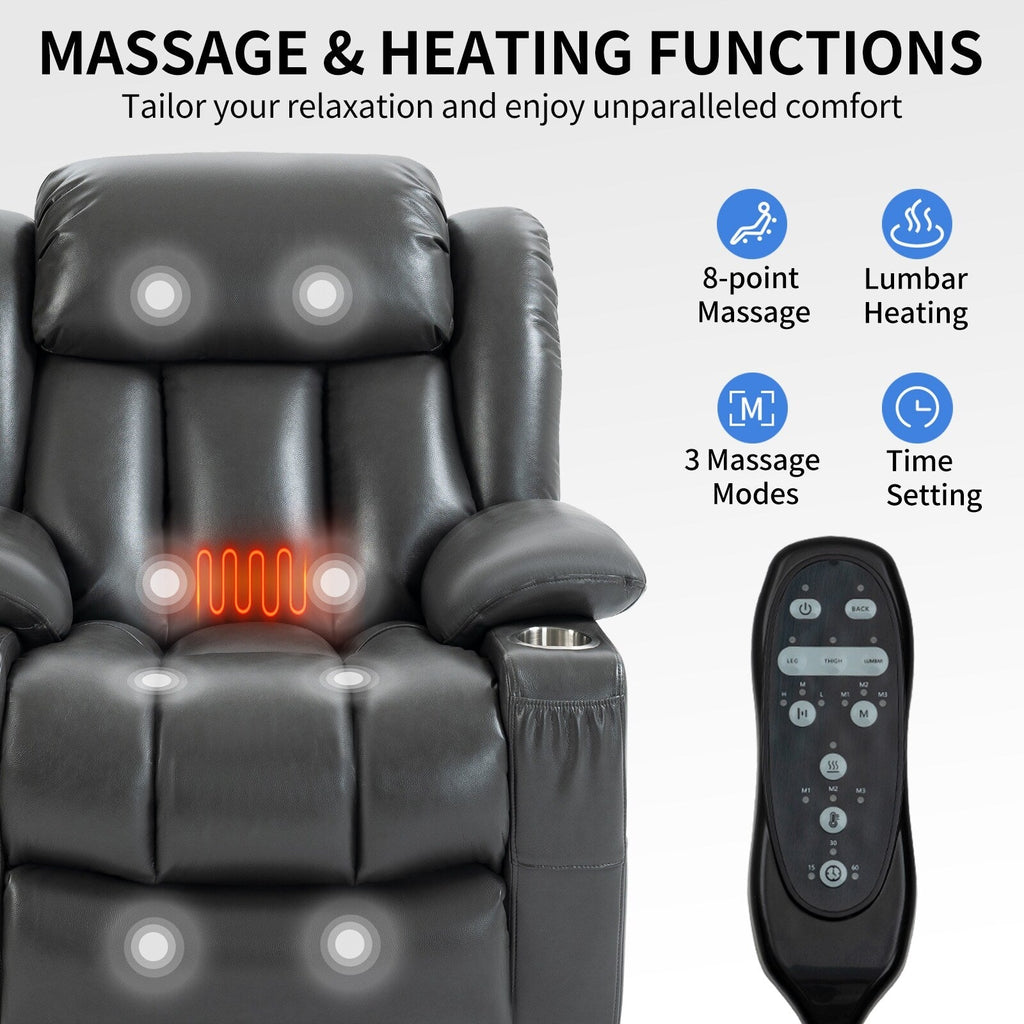 Fauteuil inclinable gris à double moteur avec inclinaison à 180°, massage, chauffage lombaire, porte-gobelets en acier inoxydable et poches latérales