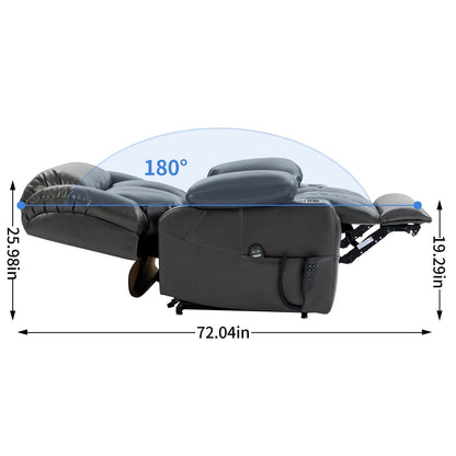 Fauteuil inclinable gris à double moteur avec inclinaison à 180°, massage, chauffage lombaire, porte-gobelets en acier inoxydable et poches latérales