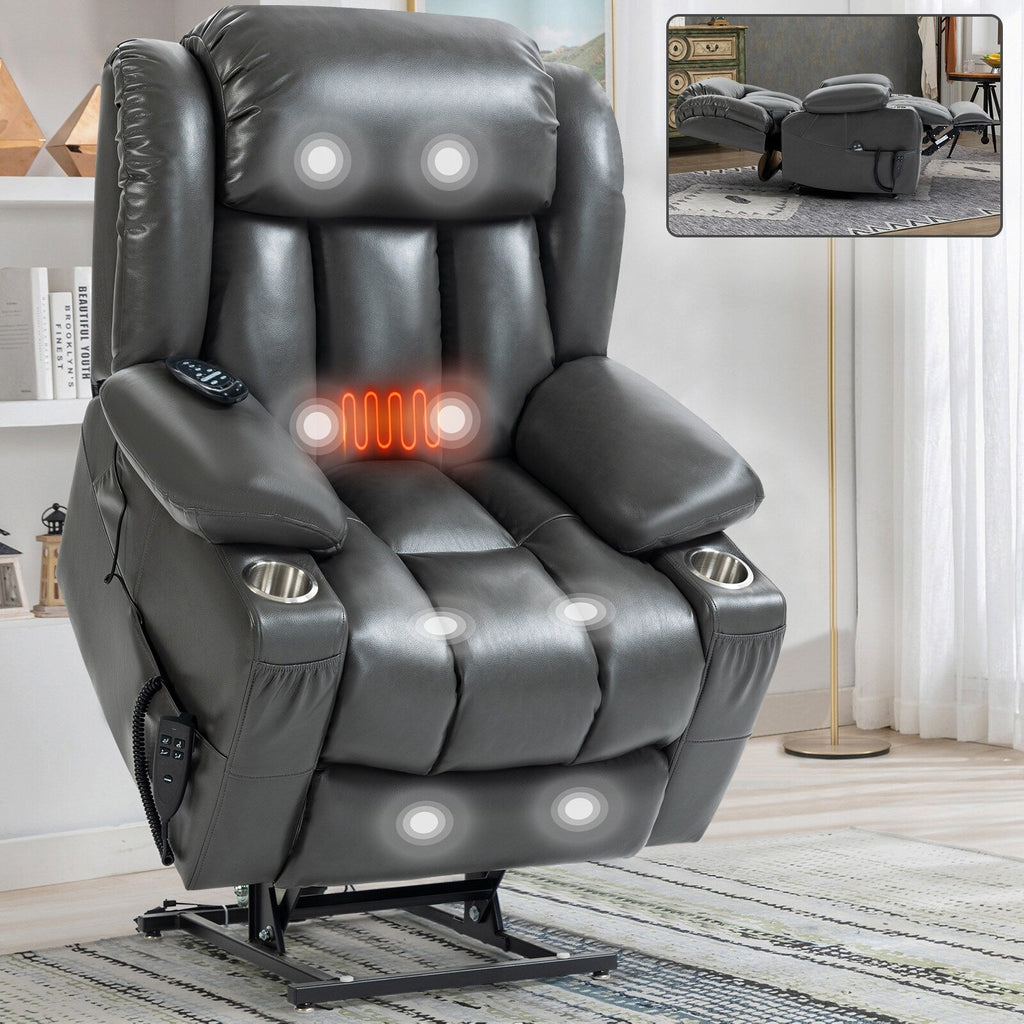 Fauteuil inclinable gris à double moteur avec inclinaison à 180°, massage, chauffage lombaire, porte-gobelets en acier inoxydable et poches latérales