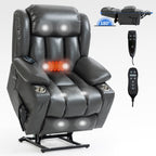Fauteuil inclinable gris à double moteur avec inclinaison à 180°, massage, chauffage lombaire, porte-gobelets en acier inoxydable et poches latérales