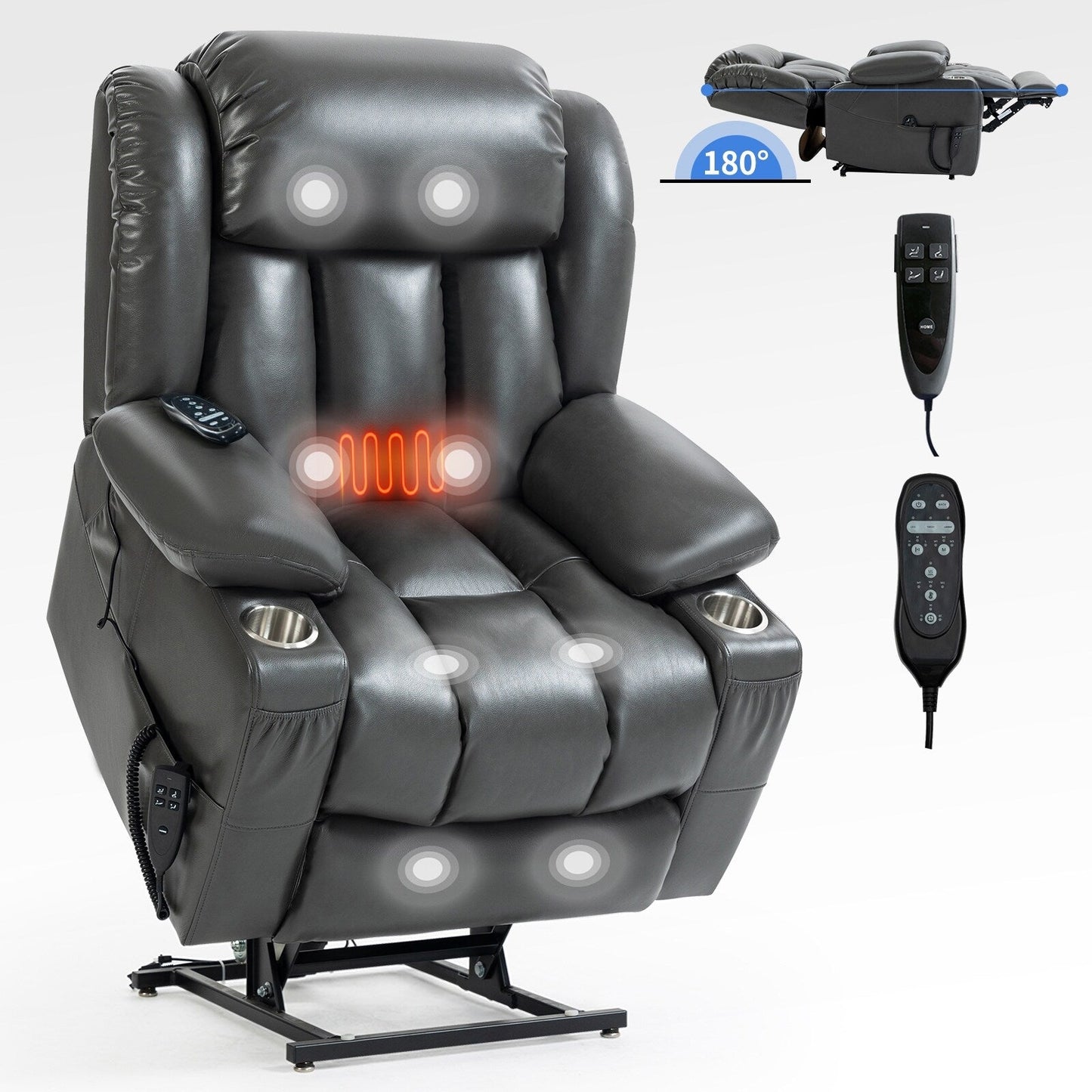 Fauteuil inclinable gris à double moteur avec inclinaison à 180°, massage, chauffage lombaire, porte-gobelets en acier inoxydable et poches latérales