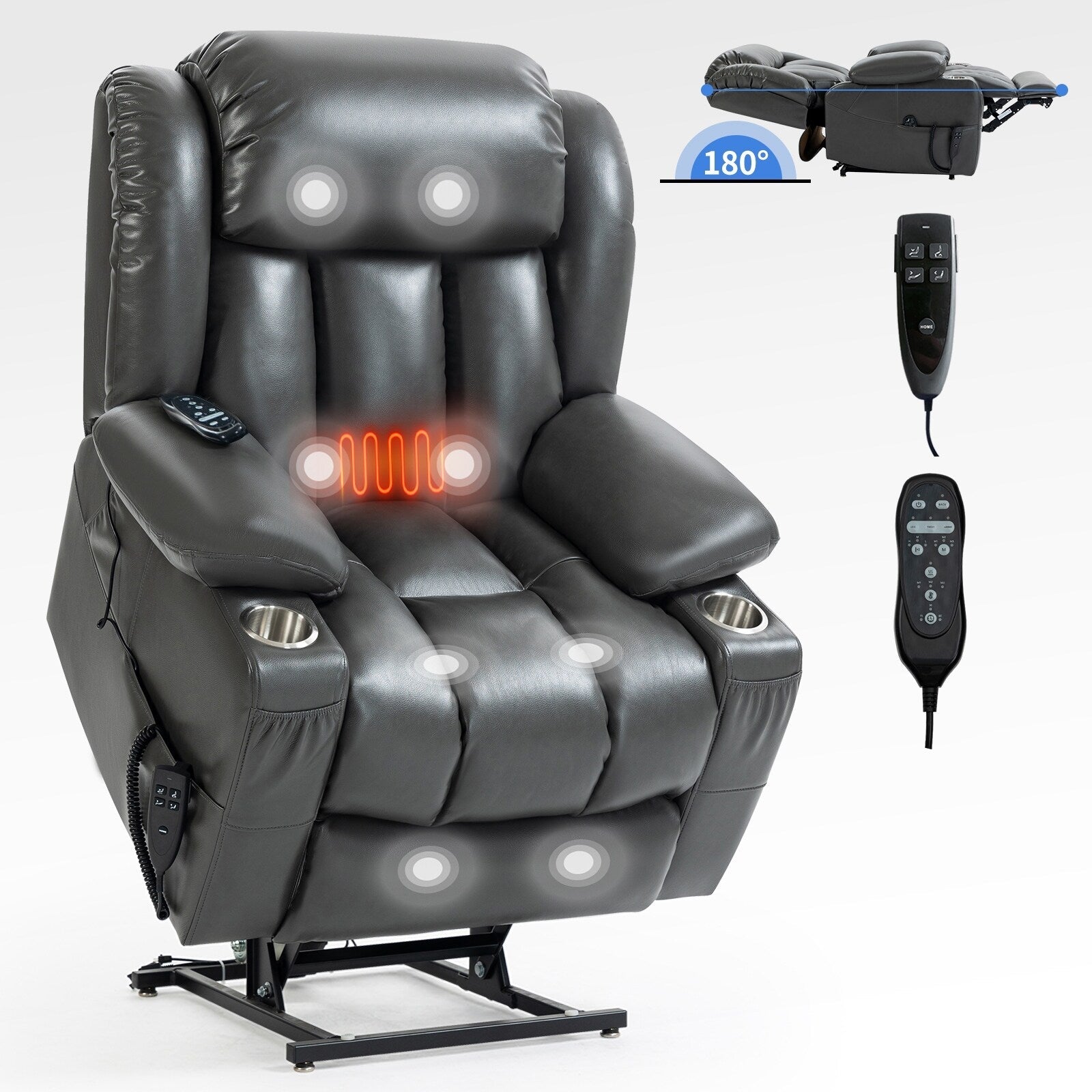 Fauteuil inclinable gris à double moteur avec inclinaison à 180°, massage, chauffage lombaire, porte-gobelets en acier inoxydable et poches latérales