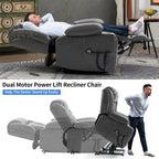 Fauteuil inclinable gris à double moteur avec inclinaison à 180°, massage, chauffage lombaire, porte-gobelets en acier inoxydable et poches latérales