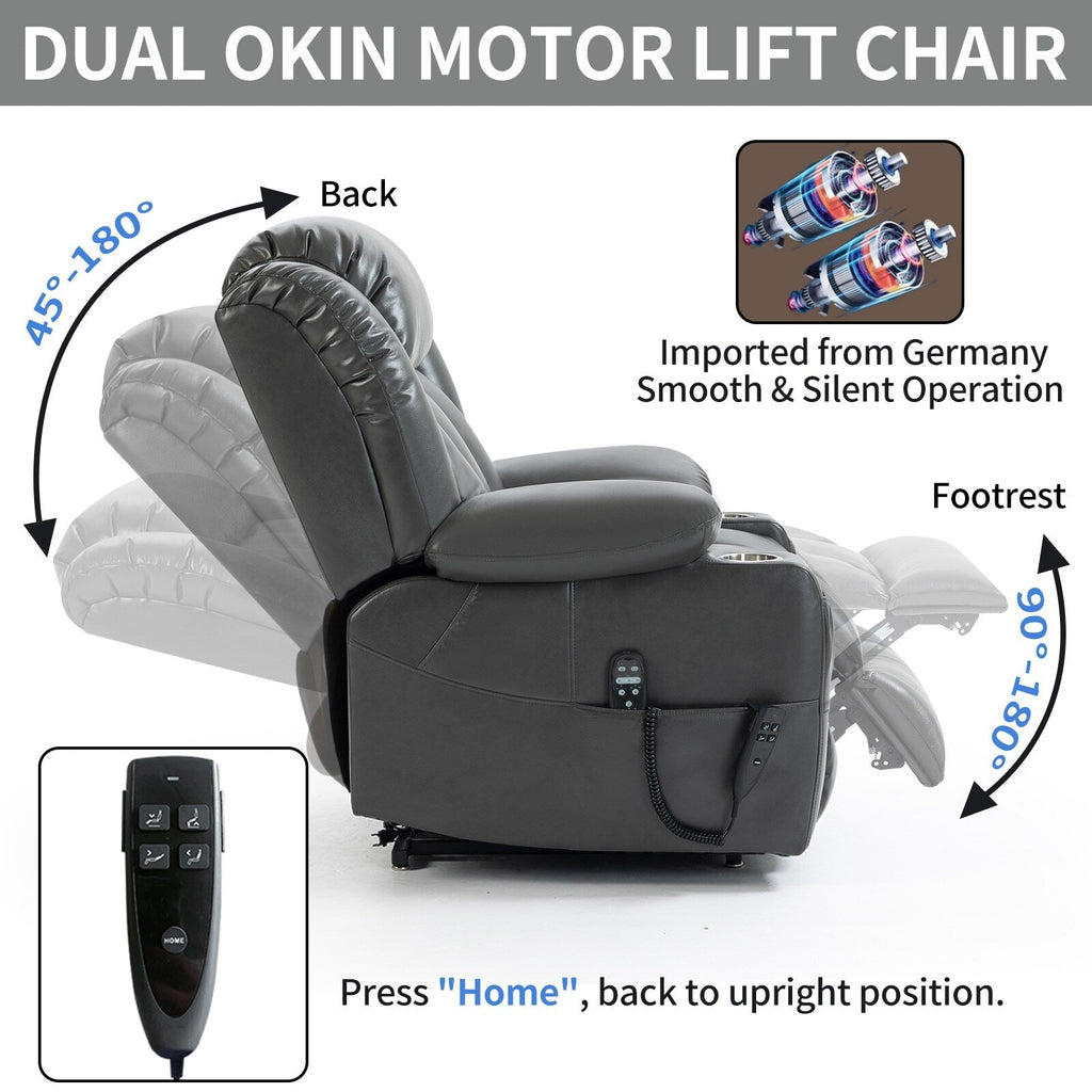 Fauteuil inclinable gris à double moteur avec inclinaison à 180°, massage, chauffage lombaire, porte-gobelets en acier inoxydable et poches latérales