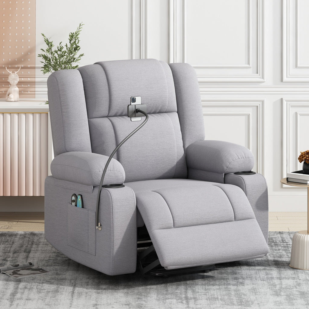 Fauteuil inclinable électrique gris avec massage, chauffage, porte-gobelets et support de téléphone pivotant à 360°, options d'inclinaison réglables