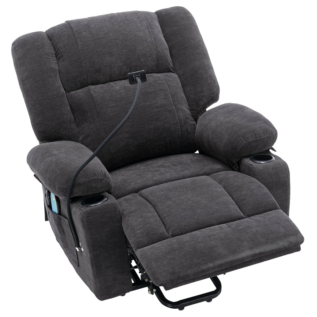 Fauteuil inclinable électrique gris avec massage, chauffage, porte-gobelets et support de téléphone pivotant à 360°, options d'inclinaison réglables