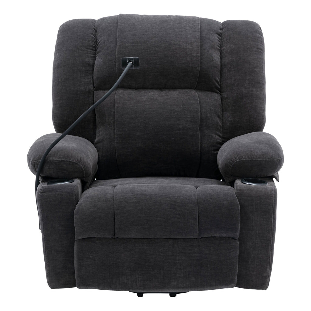 Fauteuil inclinable électrique gris avec massage, chauffage, porte-gobelets et support de téléphone pivotant à 360°, options d'inclinaison réglables