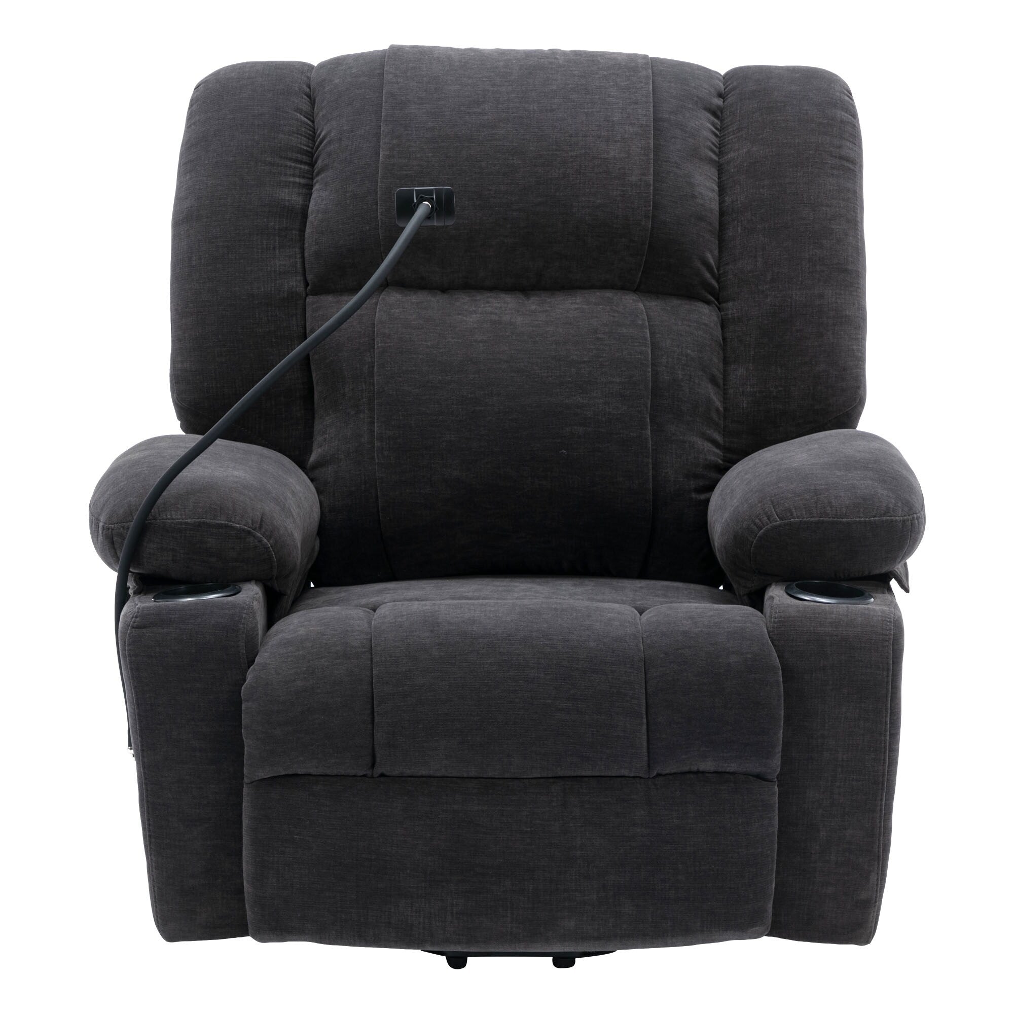 Fauteuil inclinable électrique gris avec massage, chauffage, porte-gobelets et support de téléphone pivotant à 360°, options d'inclinaison réglables