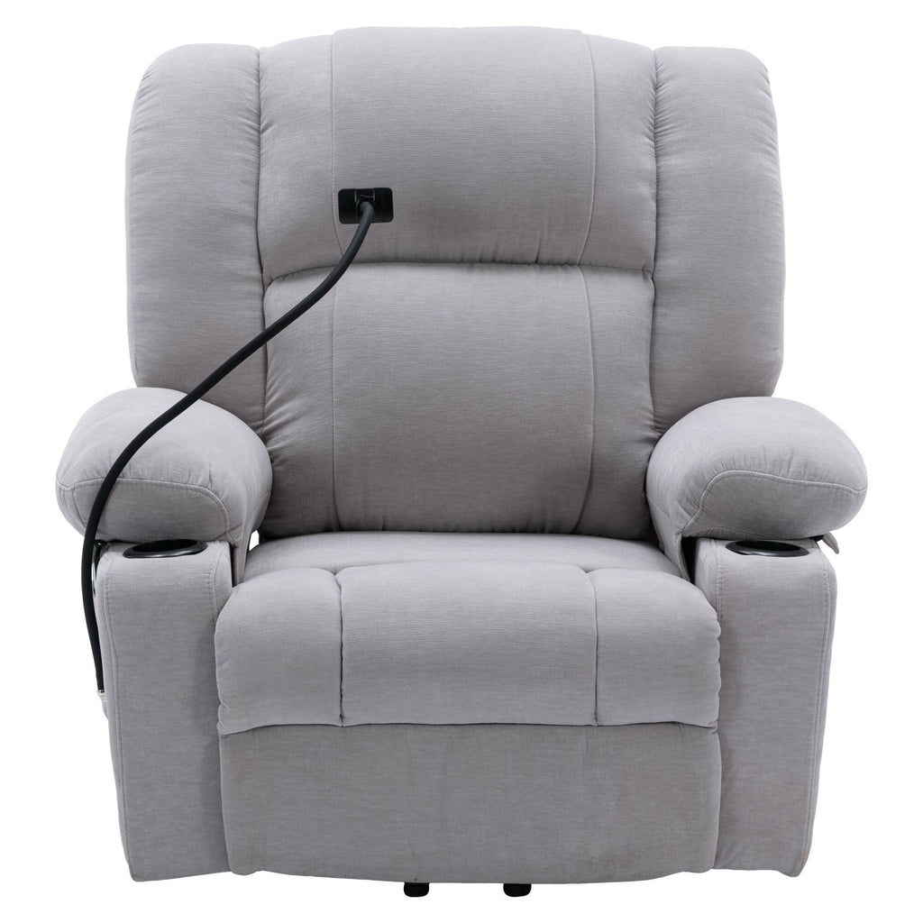 Fauteuil inclinable électrique gris avec massage, chauffage, porte-gobelets et support de téléphone pivotant à 360°, options d'inclinaison réglables