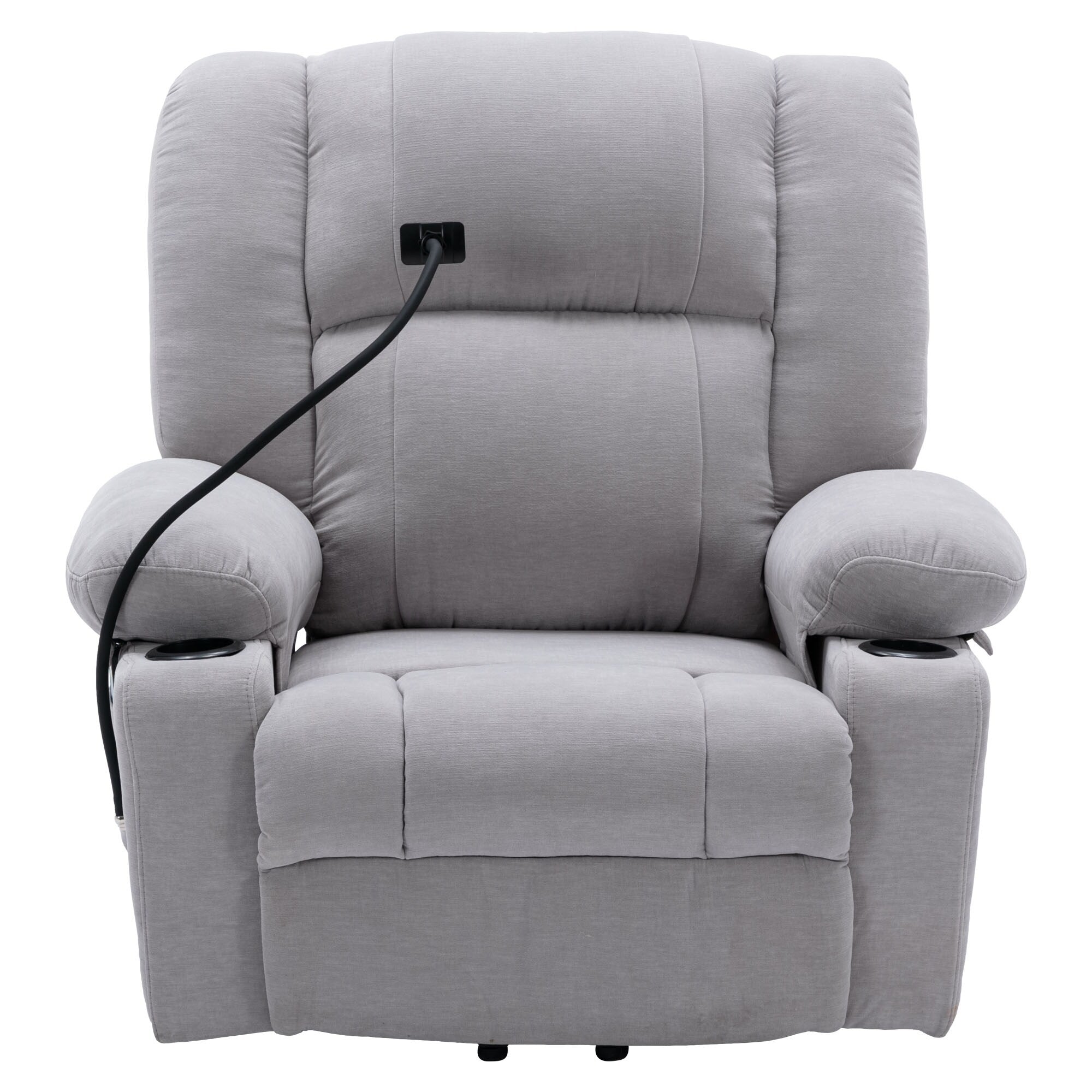 Fauteuil inclinable électrique gris avec massage, chauffage, porte-gobelets et support de téléphone pivotant à 360°, options d'inclinaison réglables