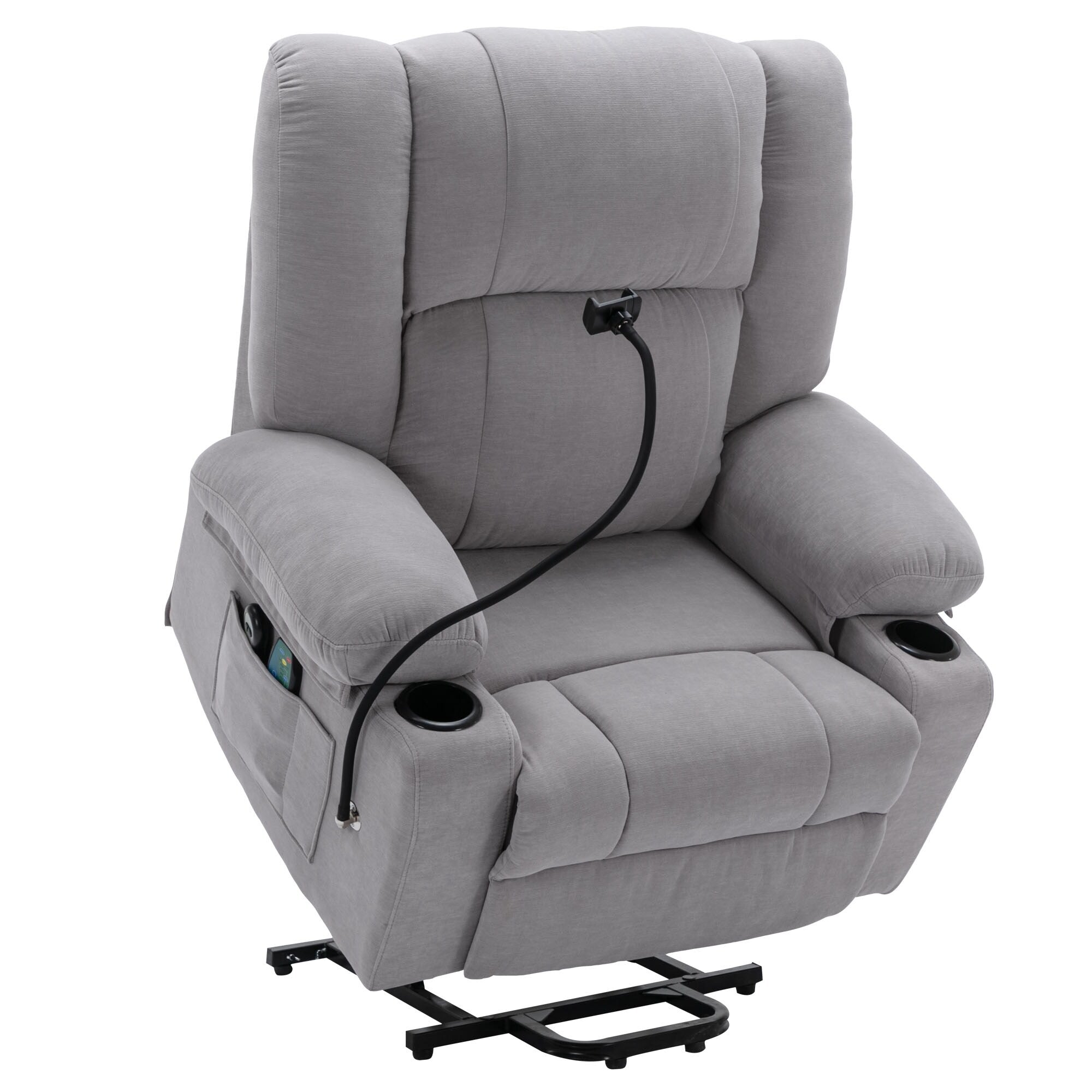 Fauteuil inclinable électrique gris avec massage, chauffage, porte-gobelets et support de téléphone pivotant à 360°, options d'inclinaison réglables