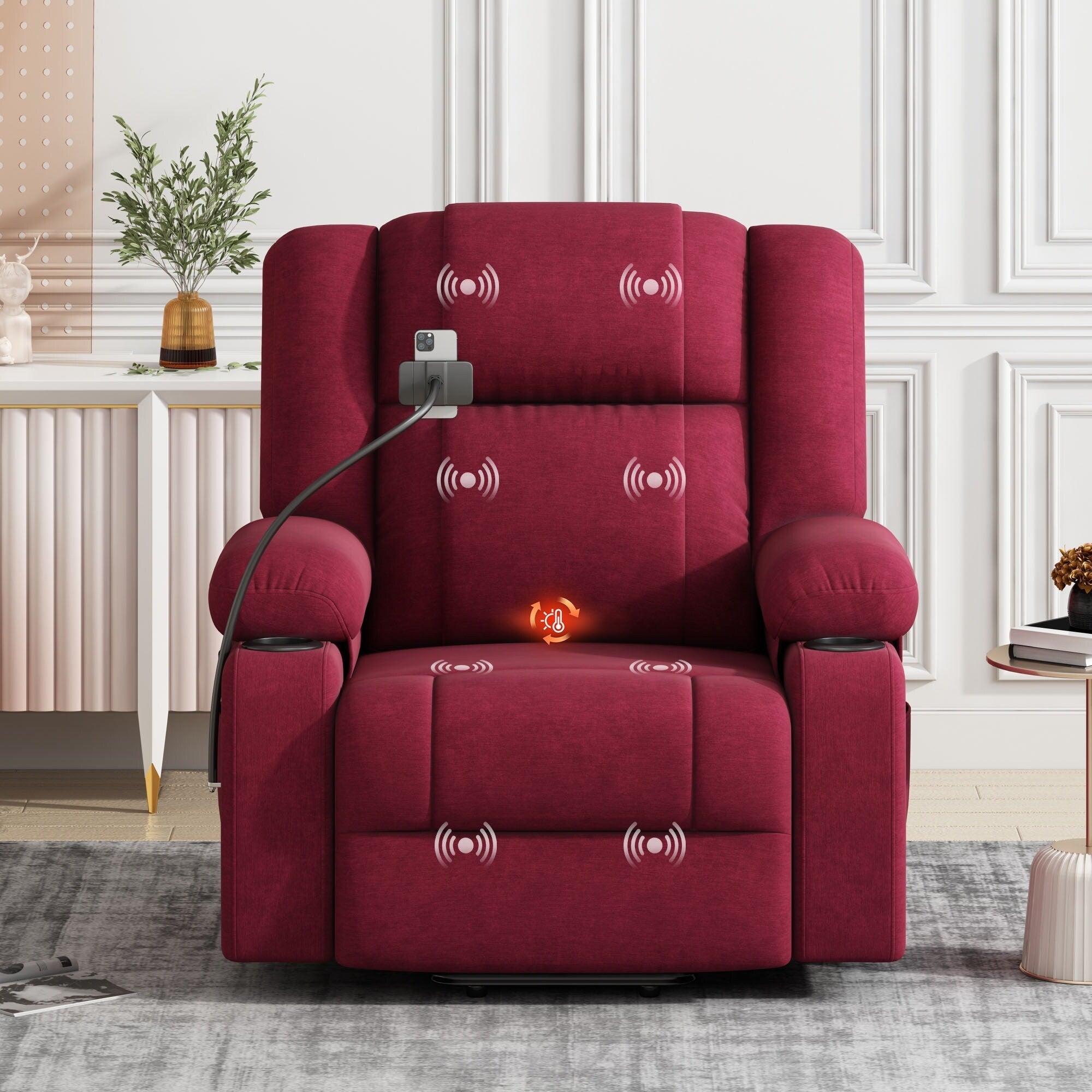 Fauteuil inclinable électrique gris avec massage, chauffage, porte-gobelets et support de téléphone pivotant à 360°, options d'inclinaison réglables