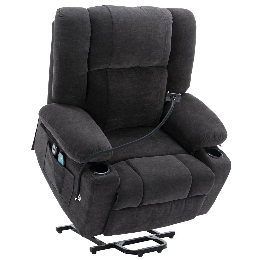 Fauteuil inclinable électrique gris avec massage, chauffage, porte-gobelets et support de téléphone pivotant à 360°, options d'inclinaison réglables