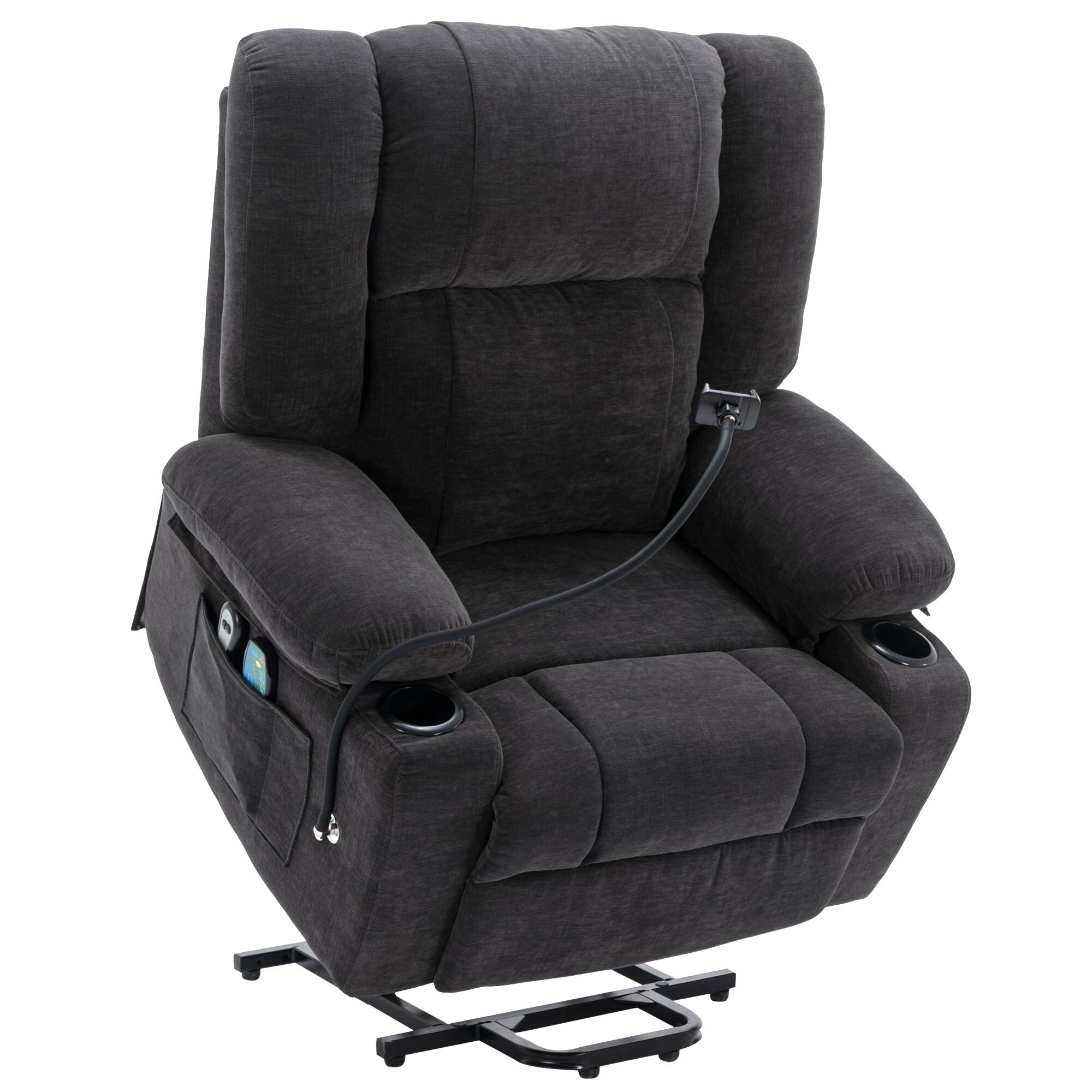 Fauteuil inclinable électrique gris avec massage, chauffage, porte-gobelets et support de téléphone pivotant à 360°, options d'inclinaison réglables