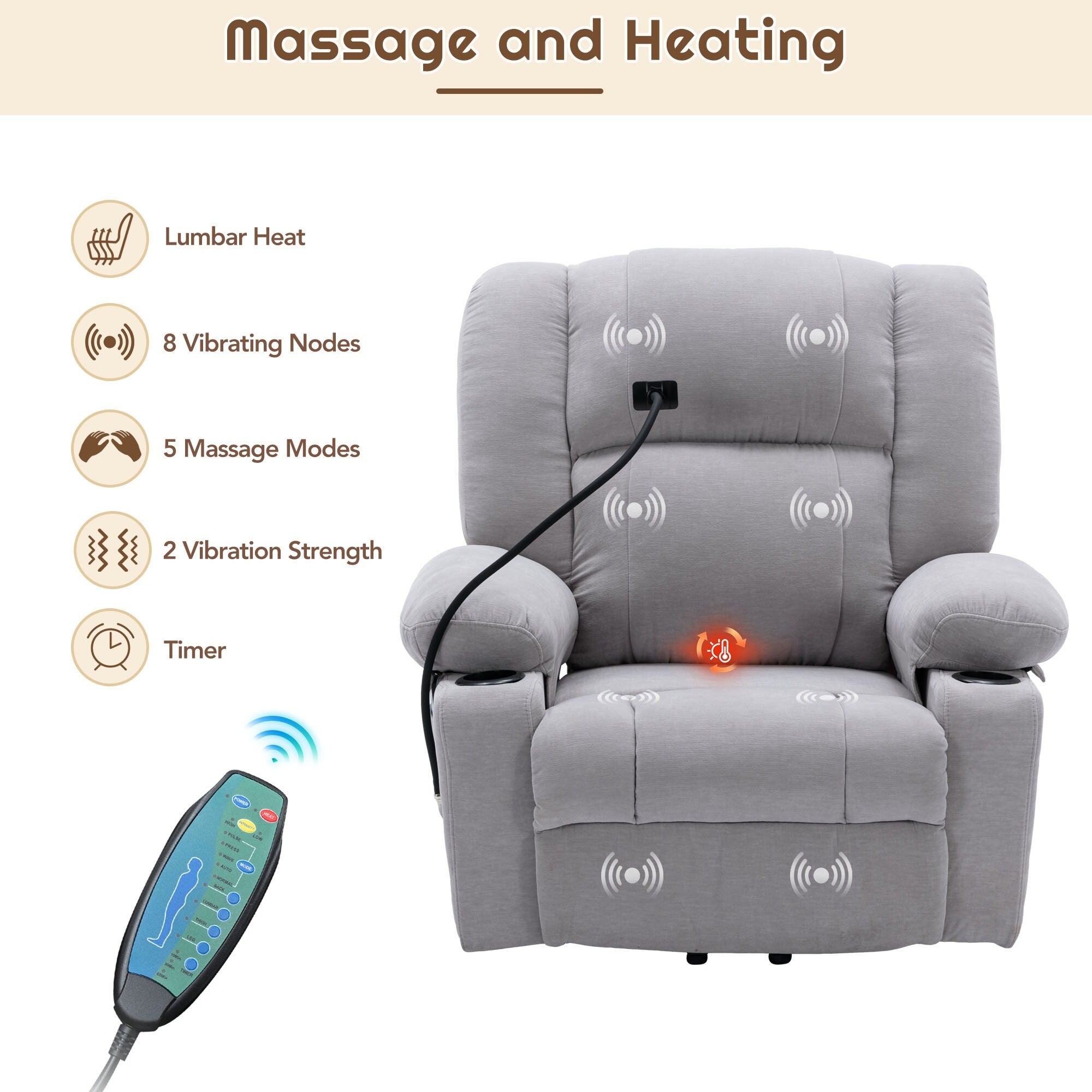 Fauteuil inclinable électrique gris avec massage, chauffage, porte-gobelets et support de téléphone pivotant à 360°, options d'inclinaison réglables