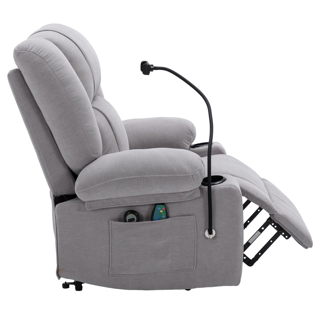 Fauteuil inclinable électrique gris avec massage, chauffage, porte-gobelets et support de téléphone pivotant à 360°, options d'inclinaison réglables