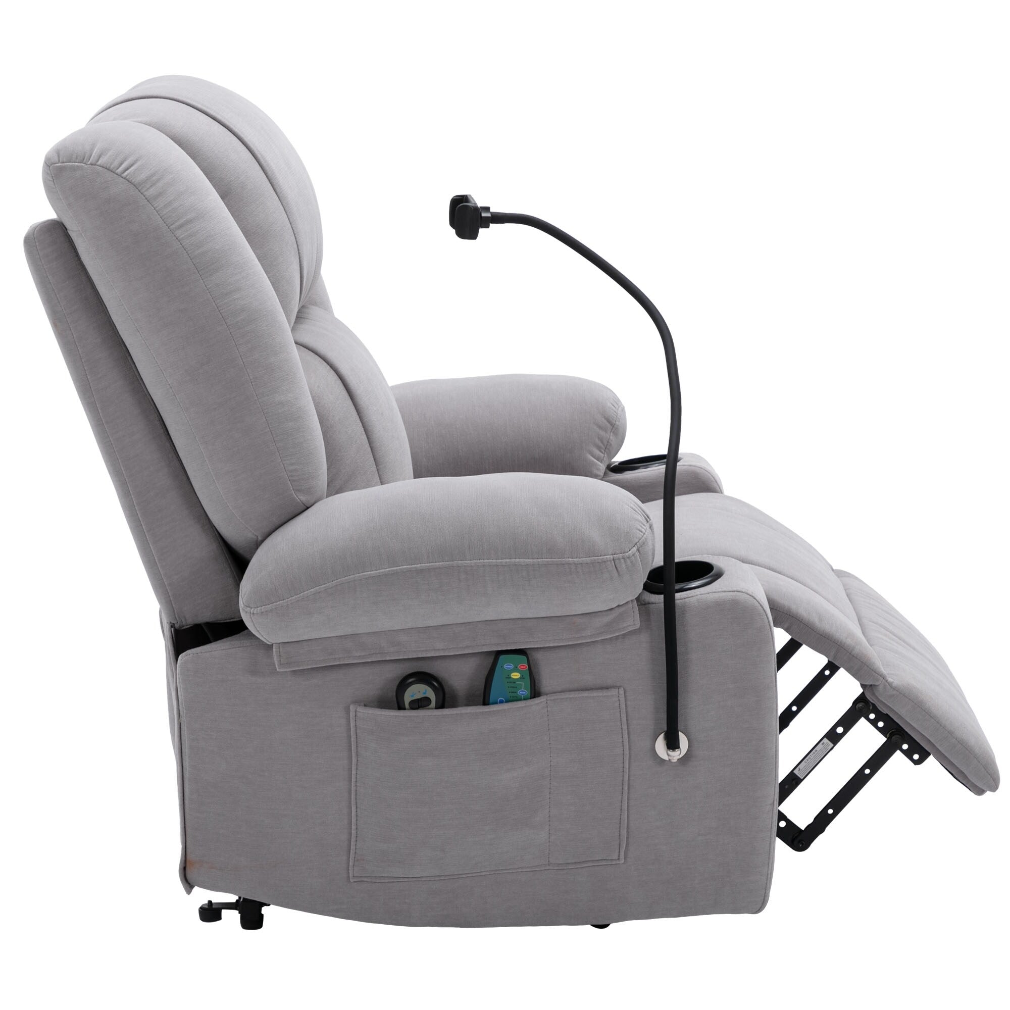 Fauteuil inclinable électrique gris avec massage, chauffage, porte-gobelets et support de téléphone pivotant à 360°, options d'inclinaison réglables