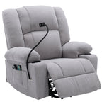 Fauteuil inclinable électrique gris avec massage, chauffage, porte-gobelets et support de téléphone pivotant à 360°, options d'inclinaison réglables
