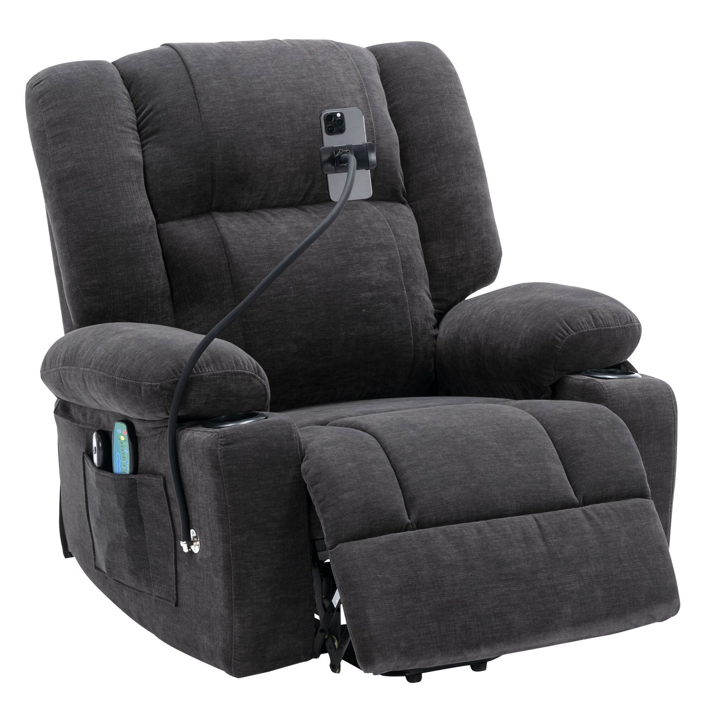Fauteuil inclinable électrique gris avec massage, chauffage, porte-gobelets et support de téléphone pivotant à 360°, options d'inclinaison réglables