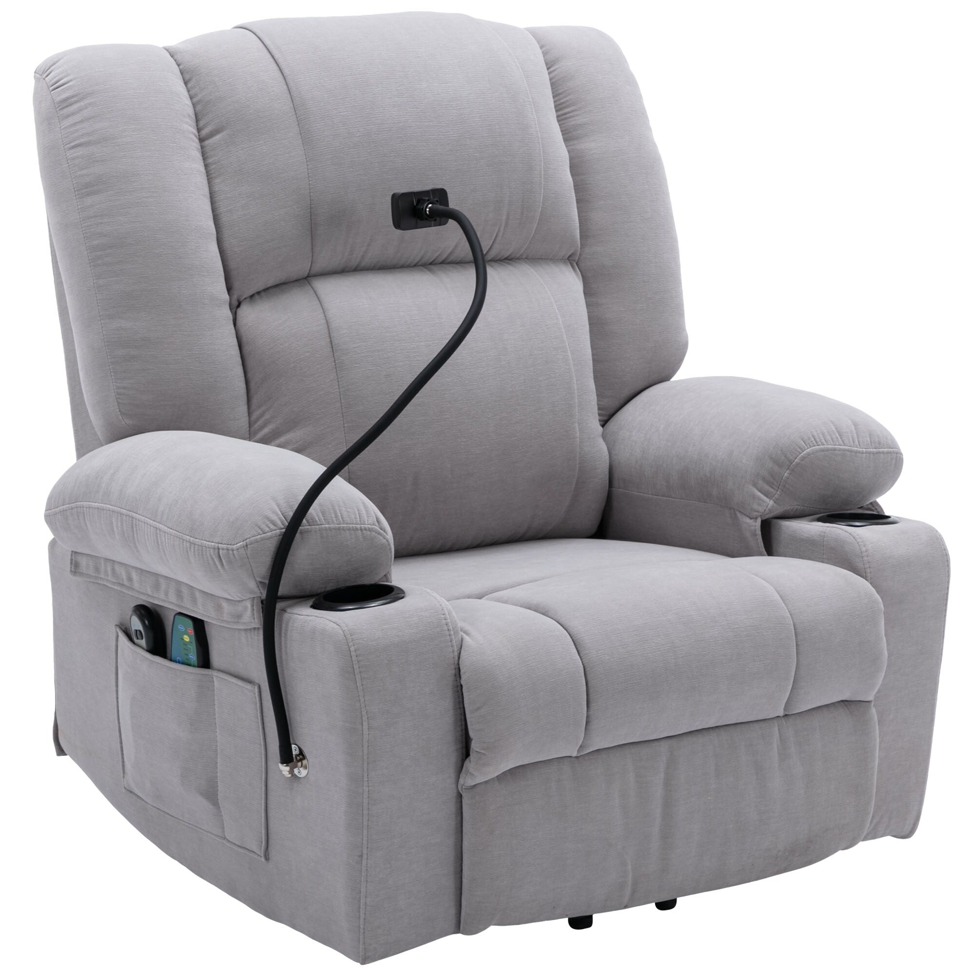 Fauteuil inclinable électrique gris avec massage, chauffage, porte-gobelets et support de téléphone pivotant à 360°, options d'inclinaison réglables