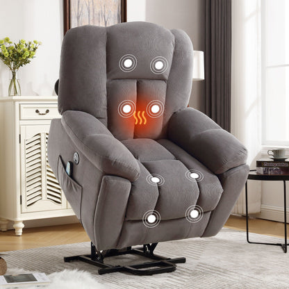 Fauteuil inclinable électrique gris pour personnes âgées avec chauffage, massage, port USB, poches latérales et tissu résistant