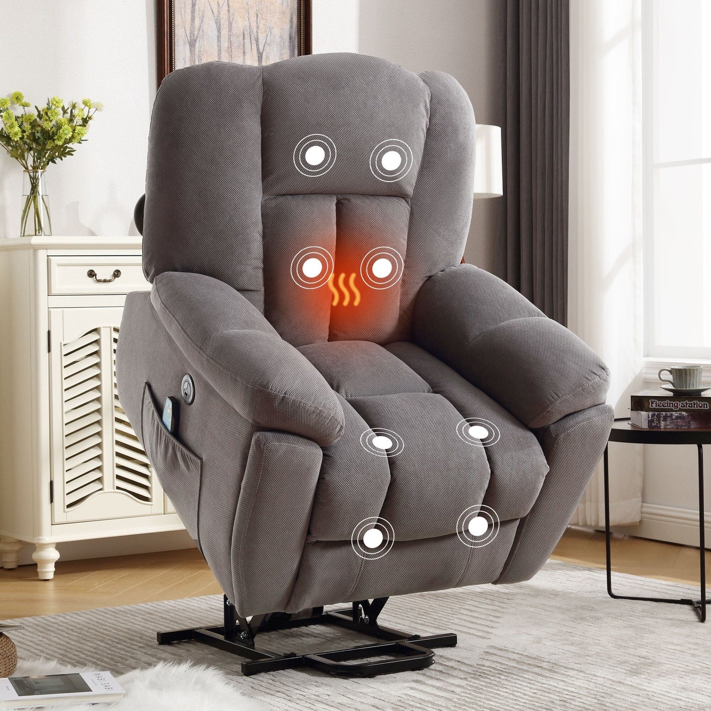 Fauteuil inclinable électrique gris avec chauffage, massage et tissu résistant