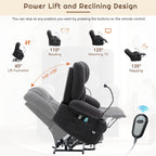 Fauteuil inclinable électrique gris avec massage, chauffage, porte-gobelets et support de téléphone pivotant à 360°, inclinaison réglable