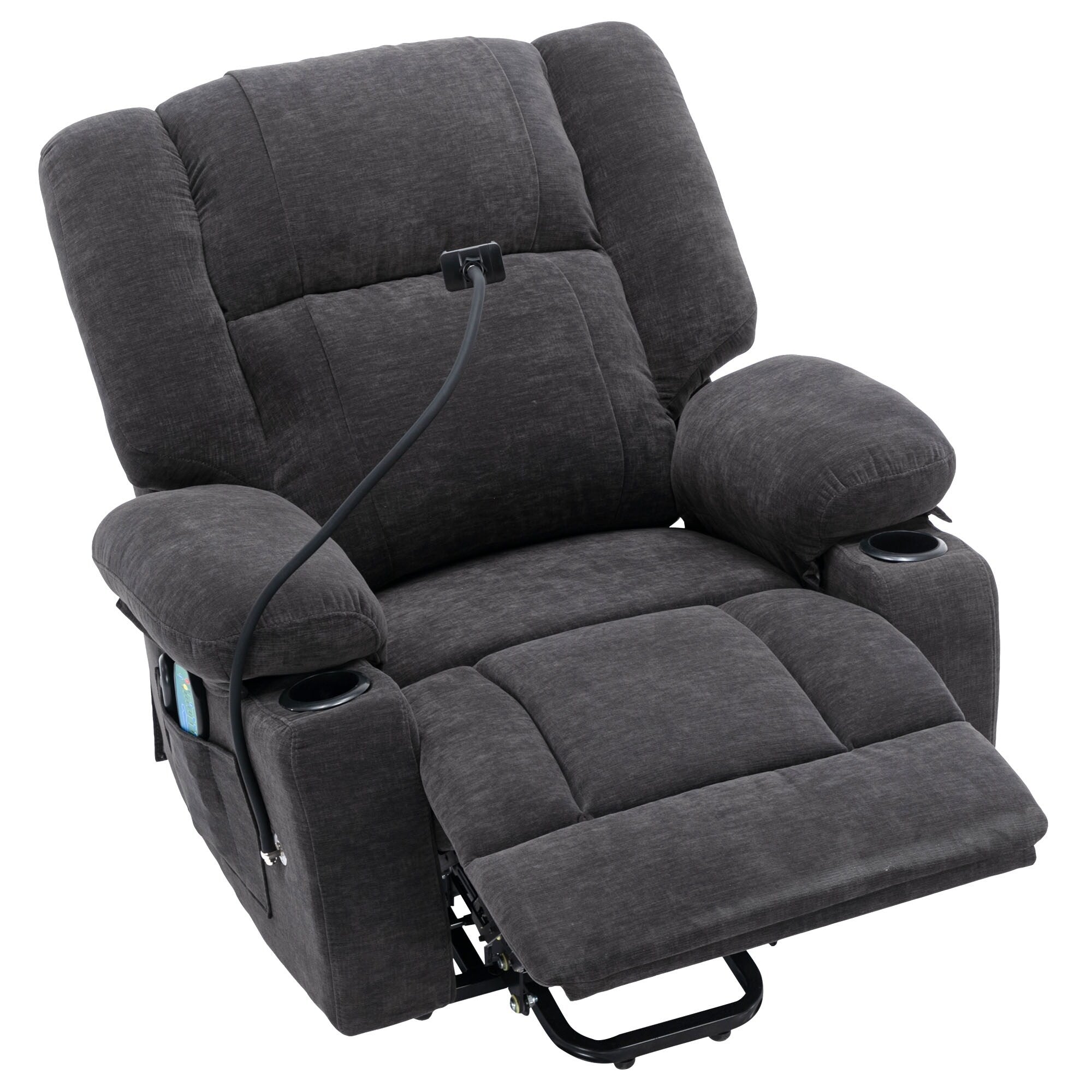 Fauteuil inclinable électrique gris avec massage, chauffage, porte-gobelets et support de téléphone pivotant à 360°, inclinaison réglable