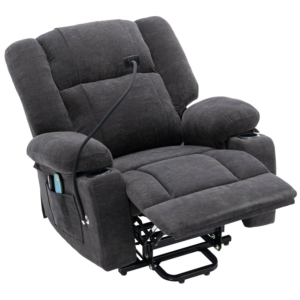 Fauteuil inclinable électrique gris avec massage, chauffage, porte-gobelets et support de téléphone pivotant à 360°, inclinaison réglable