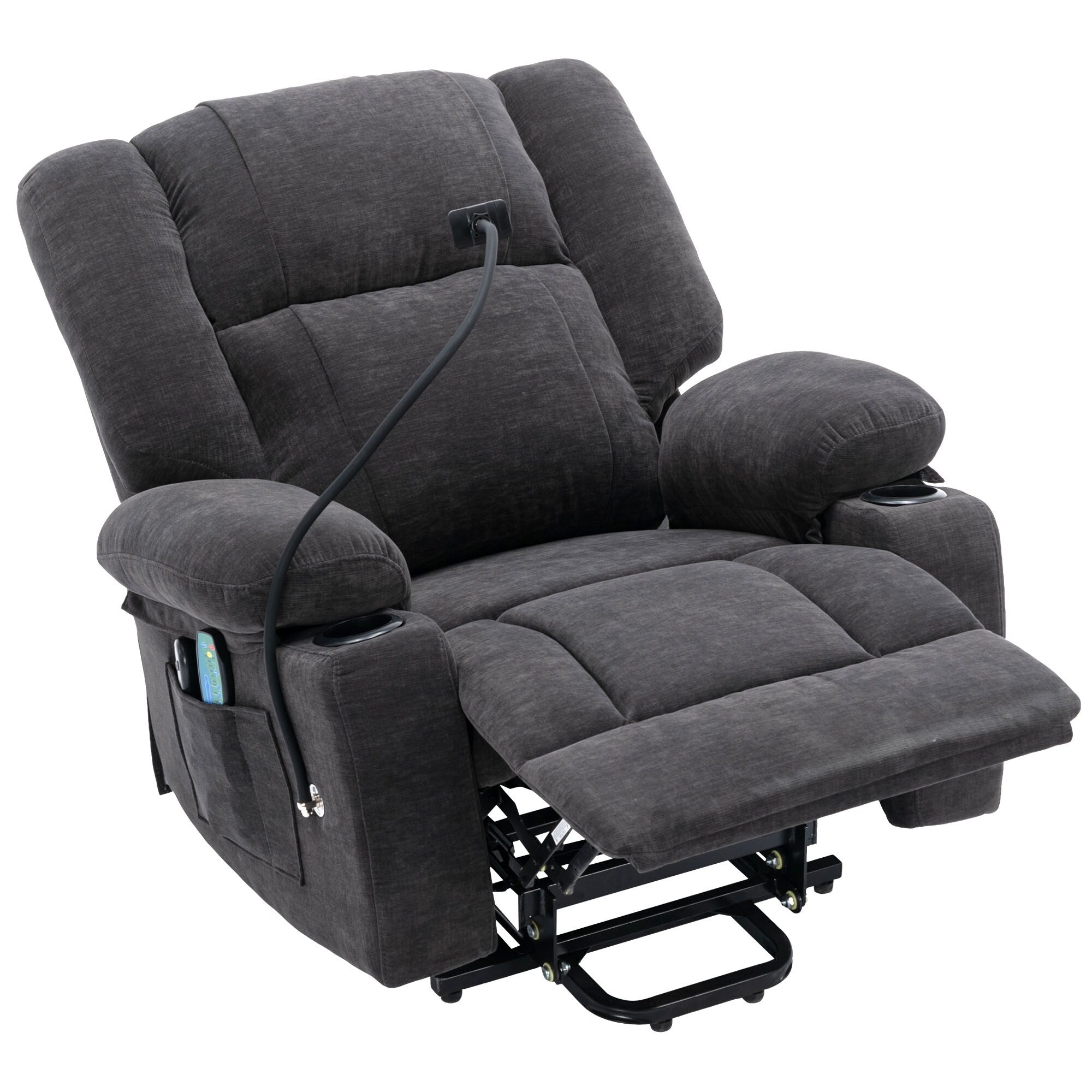 Fauteuil inclinable électrique gris avec massage, chauffage, porte-gobelets et support de téléphone pivotant à 360°, inclinaison réglable