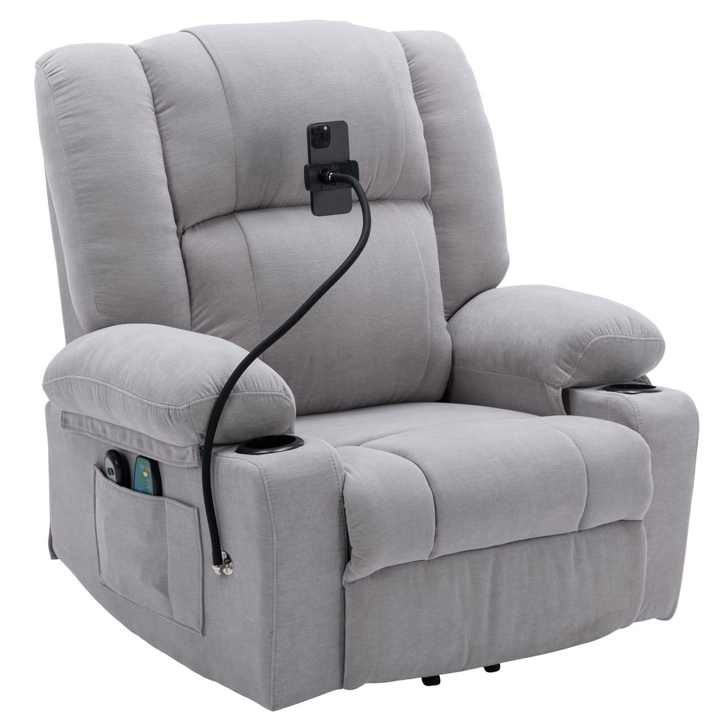 Fauteuil inclinable électrique gris avec massage, chauffage, porte-gobelets et support de téléphone pivotant à 360°, inclinaison réglable