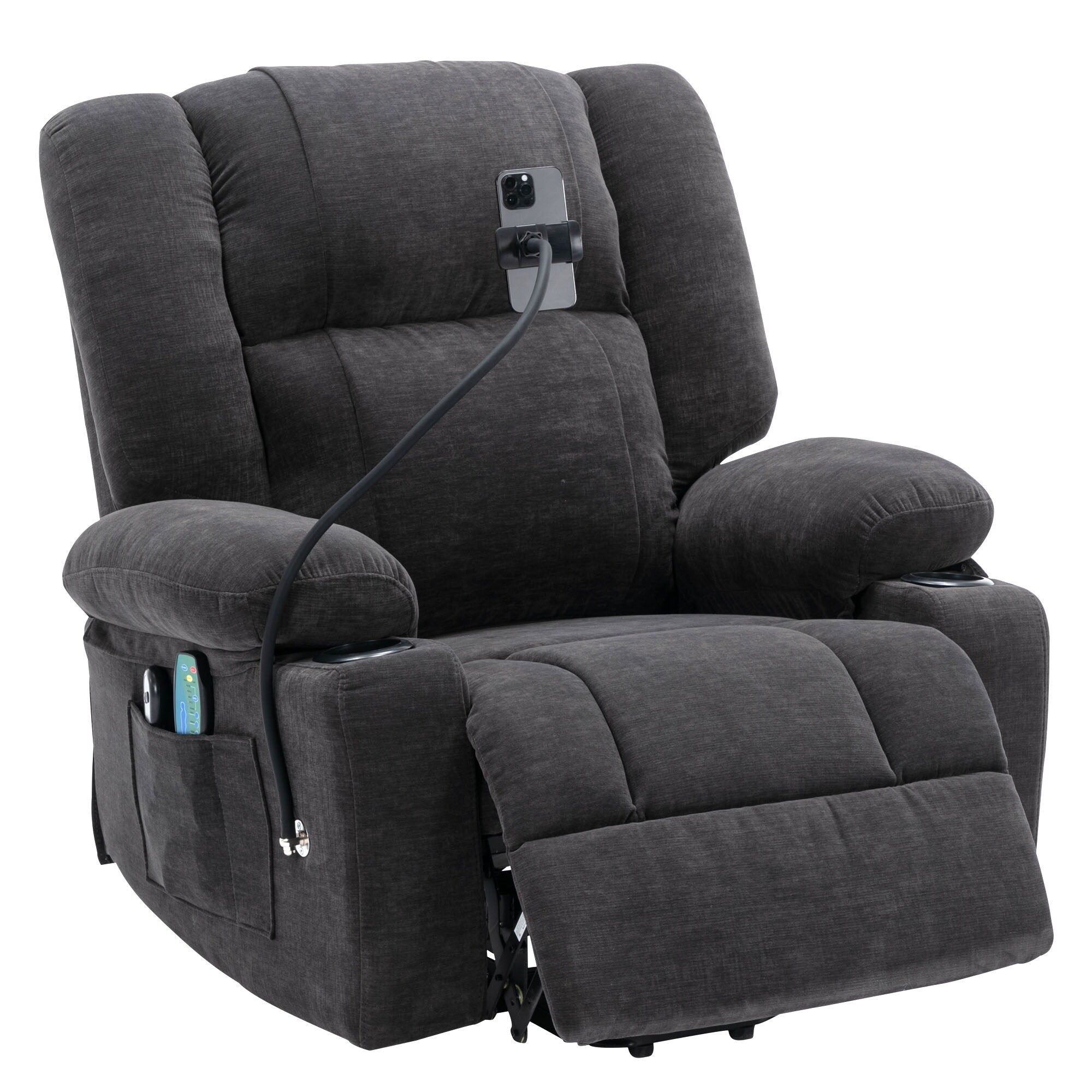 Fauteuil inclinable électrique gris avec massage, chauffage, porte-gobelets et support de téléphone pivotant à 360°, inclinaison réglable