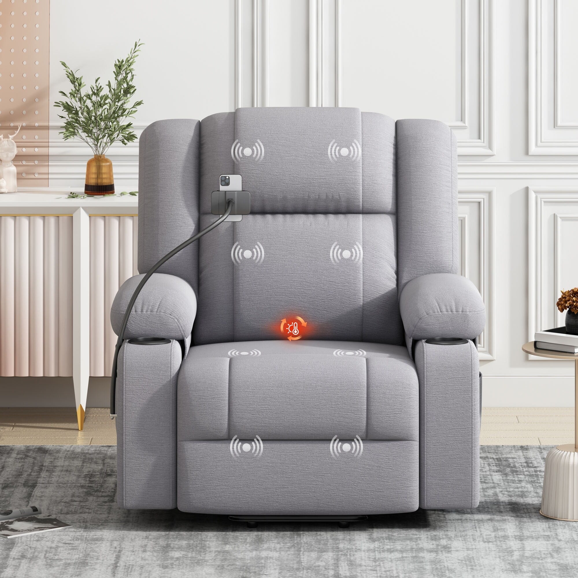 Fauteuil inclinable électrique gris avec massage, chauffage, porte-gobelets et support de téléphone pivotant à 360°, inclinaison réglable